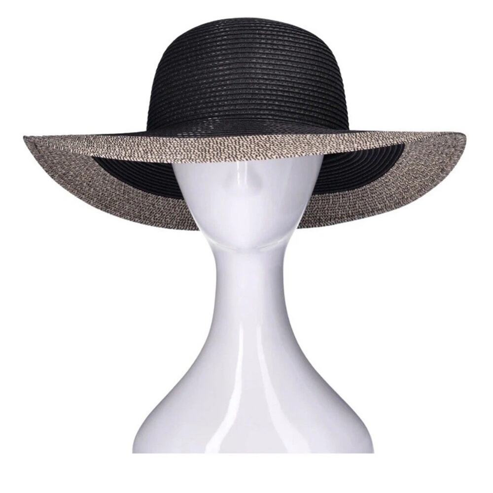Women's Time and Tru Striped Floppy Straw Hat ONE SIZE Black Stripe Beach Summer